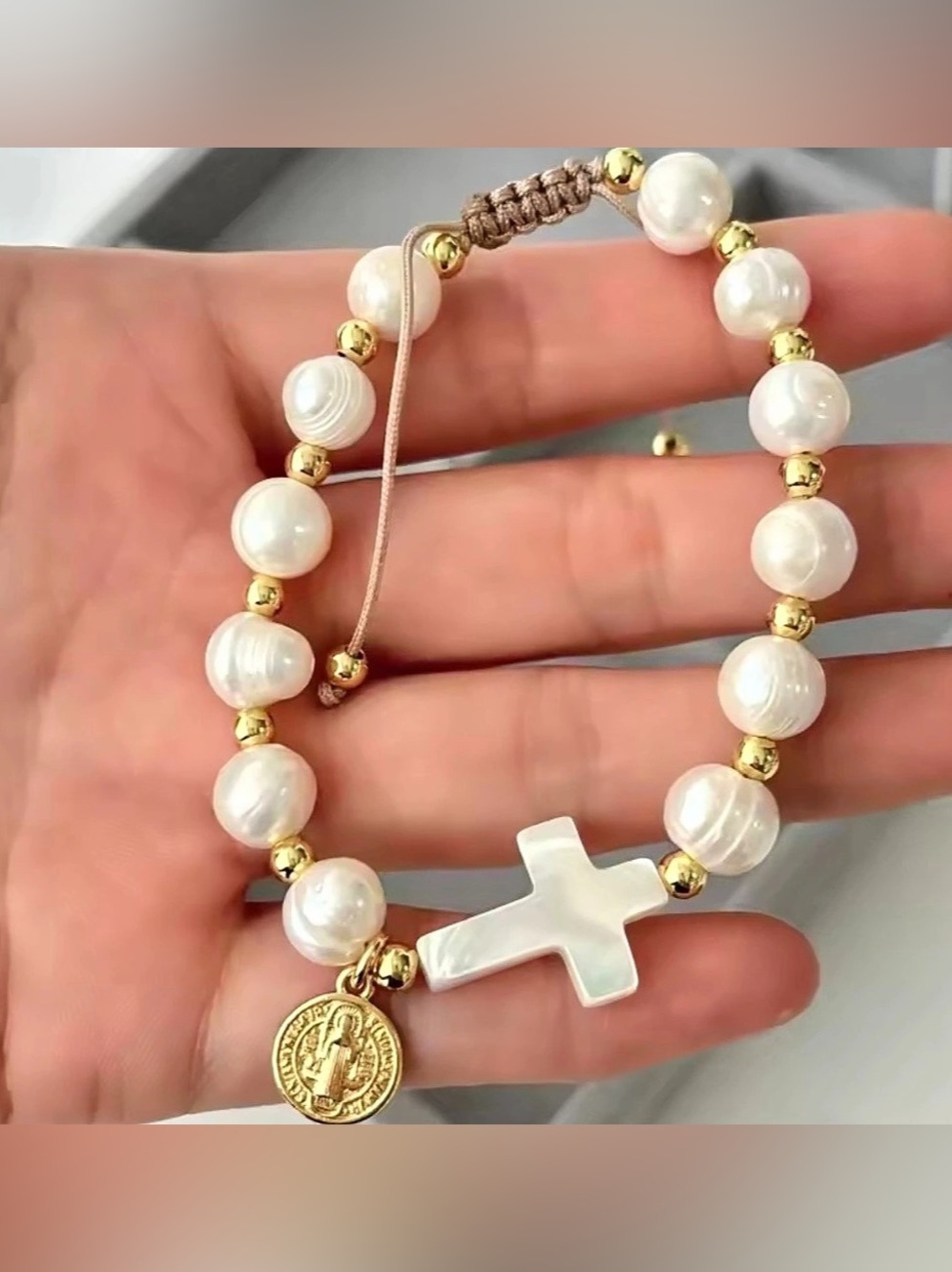 New Pearl Beaded Cross Charm Bracelet